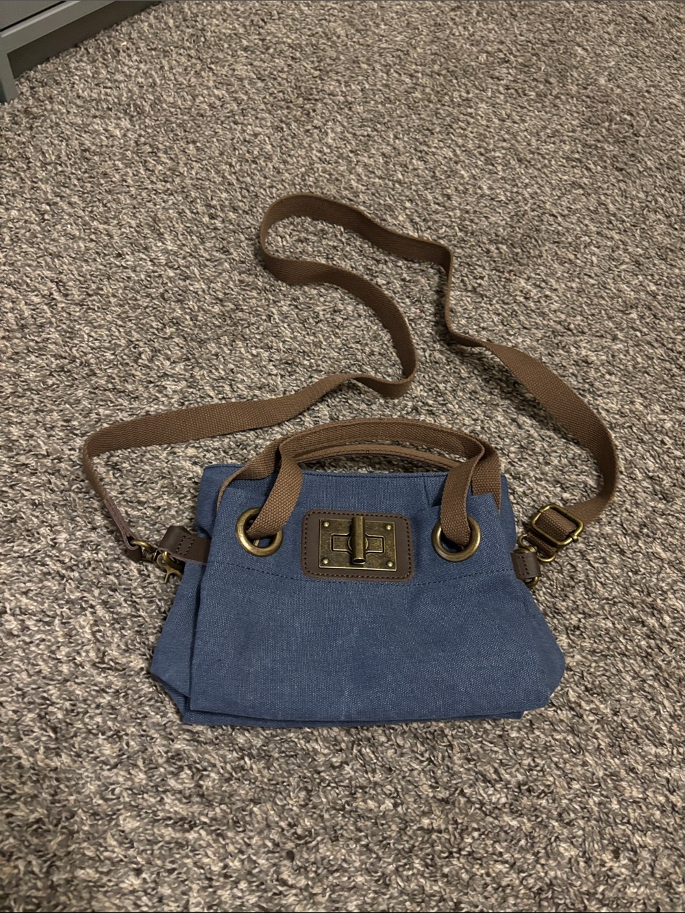ZEDE Pont Des Arts XS Cross Body Bag in blue brown canvas with leather accents